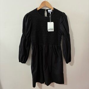 GANNI Black Cotton Poplin Mini Smock Dress NWT, Women’s 34
